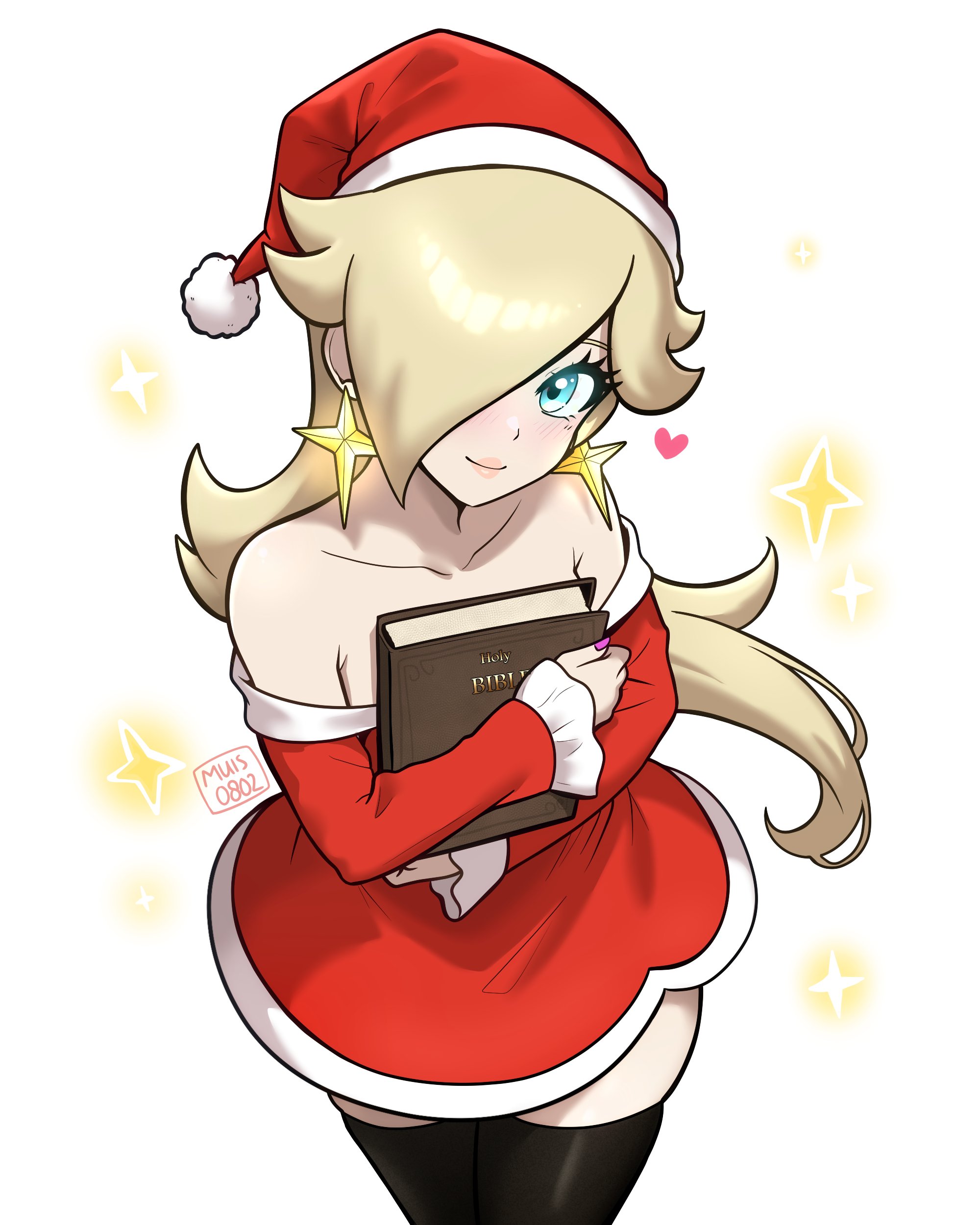 muis0802, rosalina, mario (series), nintendo, absurdres, commentary, english commentary, highres, 1girl, artist name, bare shoulders, bible (object), black thighhighs, blonde hair, blue eyes, blush, book, closed mouth, collarbone, cowboy shot, dress, earrings, eyelashes, hair over one eye, hat, heart, holding, holding book, jewelry, long hair, long sleeves, looking at viewer, off-shoulder dress, off shoulder, pink nails, red dress, red hat, santa costume, santa dress, santa hat, sleeves past wrists, smile, solo, star (symbol), star earrings, thighhighs, white background