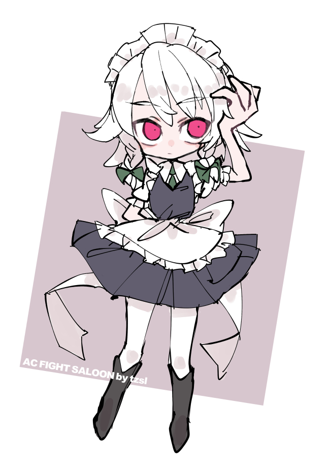 tsuru (nekopanchi), izayoi sakuya, touhou, commentary, symbol-only commentary, 1girl, apron, boots, braid, chibi, dress, green necktie, large ribbon, leggings, maid apron, maid headdress, necktie, pinafore dress, puffy short sleeves, puffy sleeves, red eyes, ribbon, short hair, short sleeves, signature, sleeveless, sleeveless dress, twin braids, white background