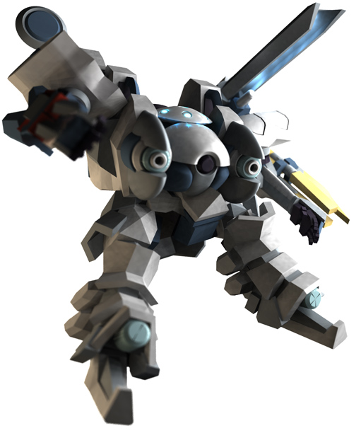 aspina flight formation team, armored core, fromsoftware, blade, 3d, chibi, gun, mecha, no humans, robot, weapon