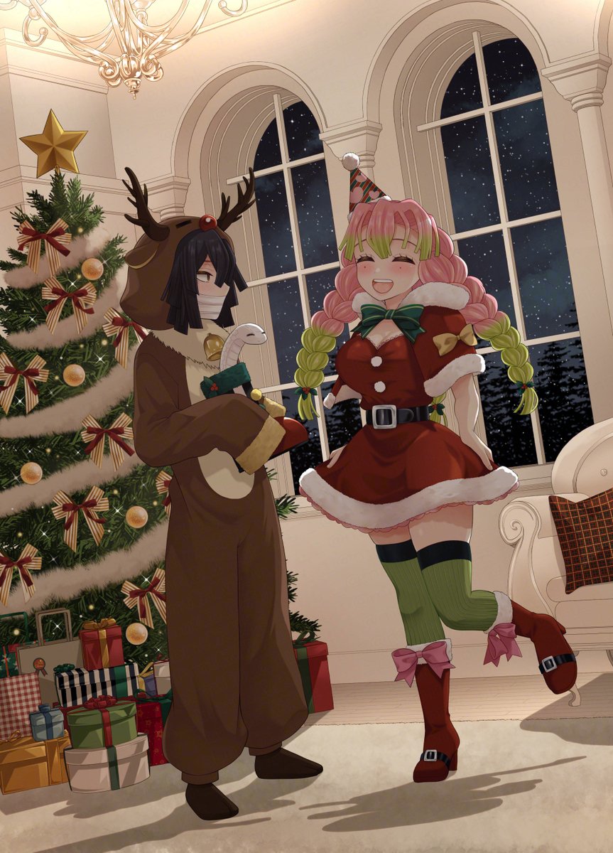 iguro obanai, kanroji mitsuri, kimetsu no yaiba, commentary request, highres, 1boy, 1girl, alternate costume, animal costume, bandages over mouth, black hair, bow, bowtie, box, braid, breasts, christmas tree, dress, gift, gift box, green bow, green bowtie, green hair, green thighhighs, holding, indoors, large breasts, long hair, long sleeves, medium hair, mole, mole under eye, momoiropretty, multicolored hair, pink hair, red shoes, reindeer costume, santa costume, santa dress, shoes, snake, thighhighs, two-tone hair, white snake, zettai ryouiki