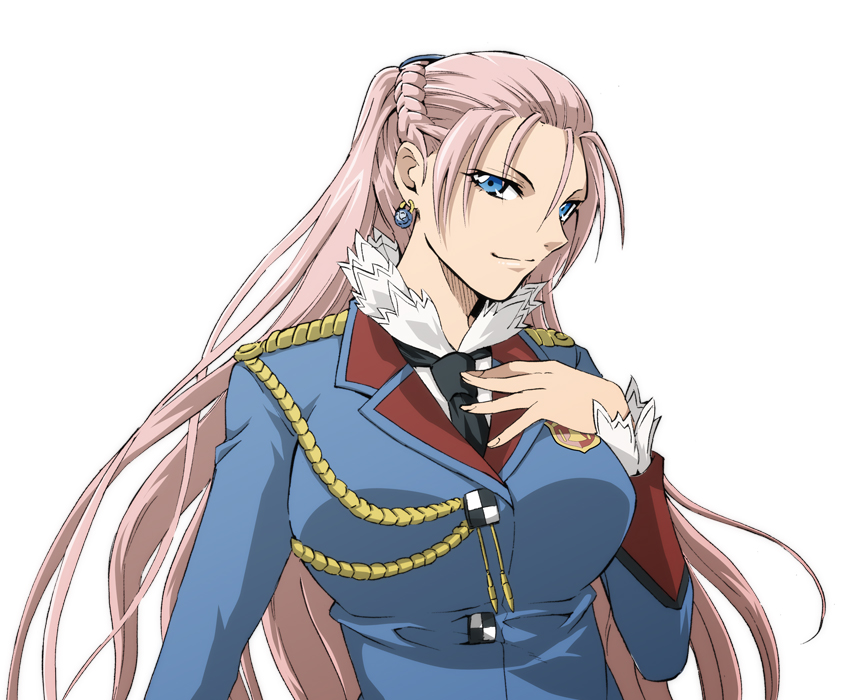 taguchi kenji (omaep), juliana eberhardt, senjou no valkyria, senjou no valkyria (series), senjou no valkyria 2, 00s, blue eyes, earrings, jewelry, long hair, military, military uniform, piercing, pink hair