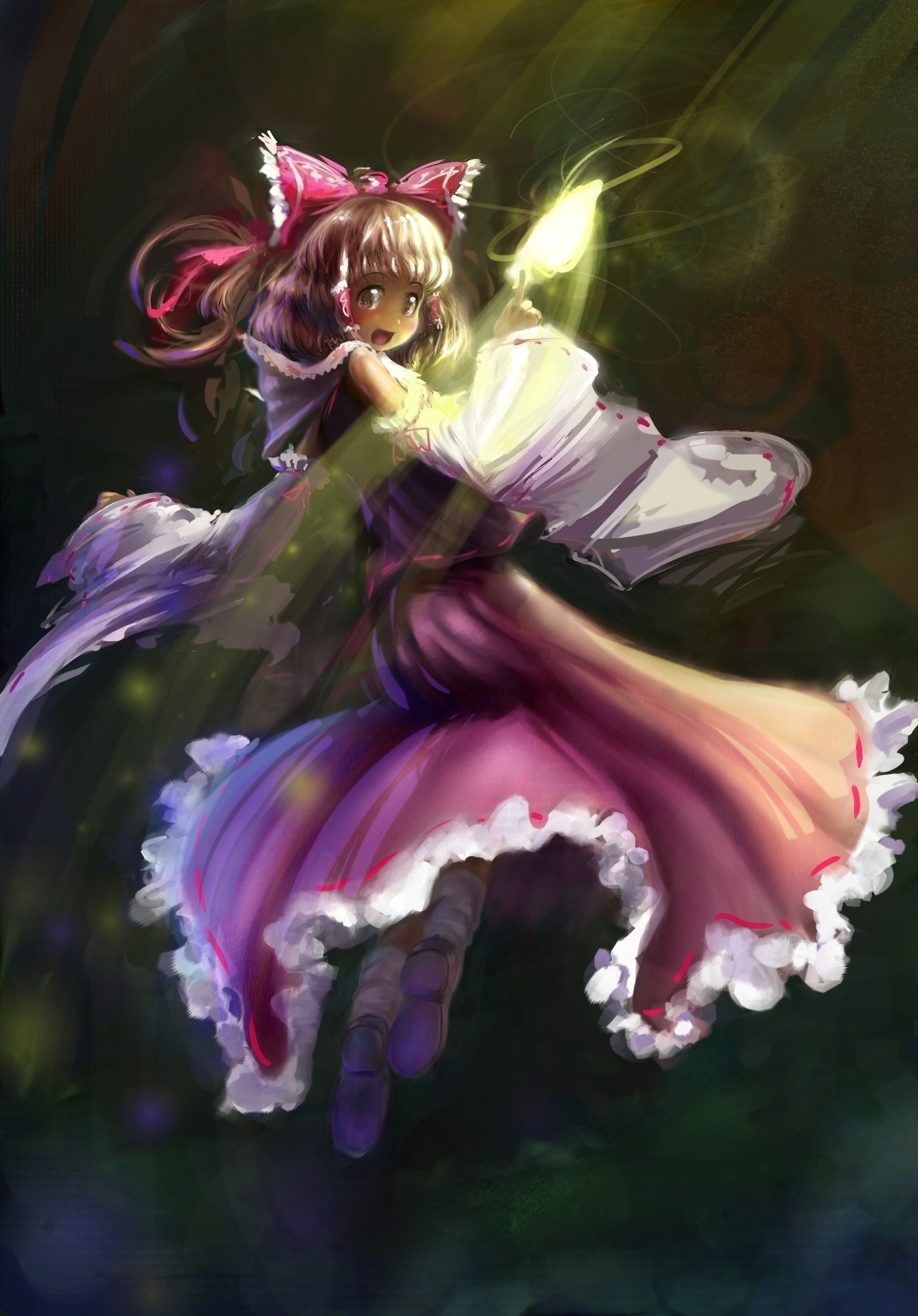 daisen, hakurei reimu, touhou, light, bad id, bad pixiv id, highres, 1girl, bow, brown eyes, brown hair, detached sleeves, female focus, hair bow, japanese clothes, looking back, magic, miko, ofuda, open mouth, smile, solo