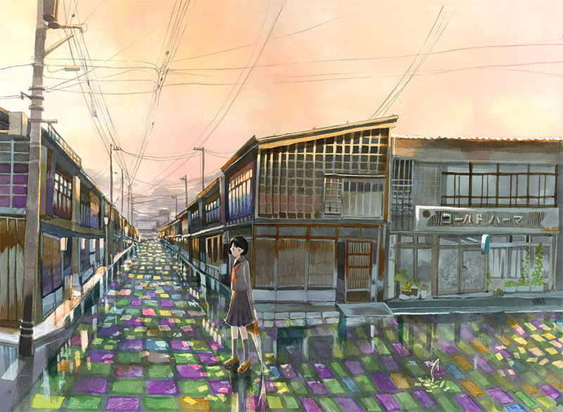 miyabe sachi, original, painting (medium), traditional media, watercolor (medium), 1girl, black hair, building, female focus, giant, giantess, landscape, outdoors, power lines, reflection, road, scenery, school uniform, serafuku, short hair, sky, solo, street, sunset, umbrella, vanishing point