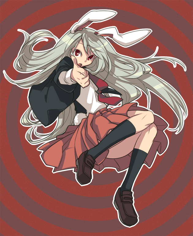 nakatani, reisen udongein inaba, touhou, silver hair, 1girl, animal ears, blazer, female focus, finger gun, foreshortening, full body, jacket, long hair, necktie, rabbit ears, red eyes, skirt, solo
