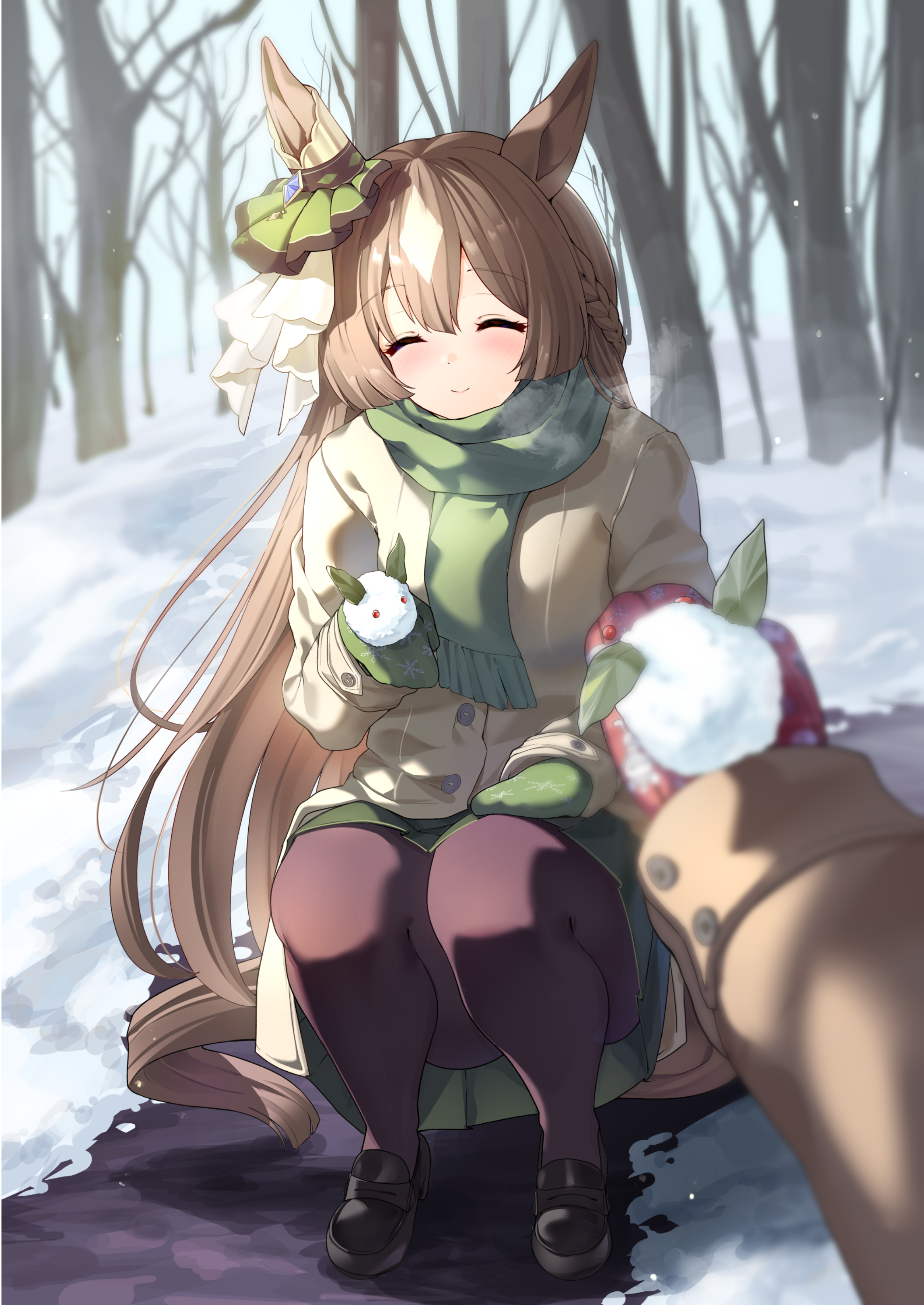 sunny (20597521), kitasan black (umamusume), satono diamond (umamusume), umamusume, absurdres, commentary request, highres, 2girls, :c, ^ ^, animal ears, bare tree, black pantyhose, black shoes, braid, brown hair, buttons, closed eyes, closed mouth, coat, day, diamond (shape), double-parted bangs, ear ornament, facing viewer, female pov, gloves, green gloves, green scarf, green skirt, horse ears, horse girl, horse tail, leaf, loafers, long hair, long sleeves, multiple girls, outdoors, pantyhose, pov, red gloves, scarf, shoes, skirt, smile, snow, snow rabbit, snowflake print, squatting, tail, tree, very long hair, winter, yellow coat