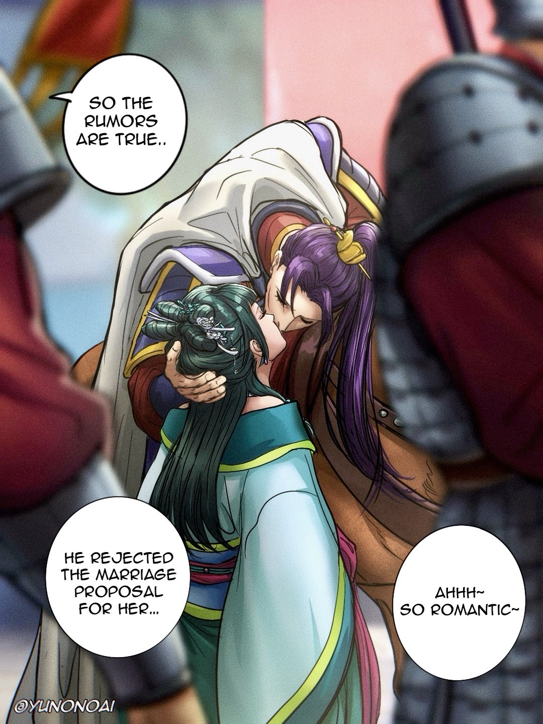 yuana, jinshi (kusuriya no hitorigoto), maomao (kusuriya no hitorigoto), kusuriya no hitorigoto, commentary, english commentary, highres, 1girl, 3boys, animal, blurry, blurry foreground, cape, chinese clothes, english text, hair ornament, hetero, horse, kiss, long sleeves, multiple boys, ponytail, purple hair, riding, shoulder plates, white cape, wide sleeves