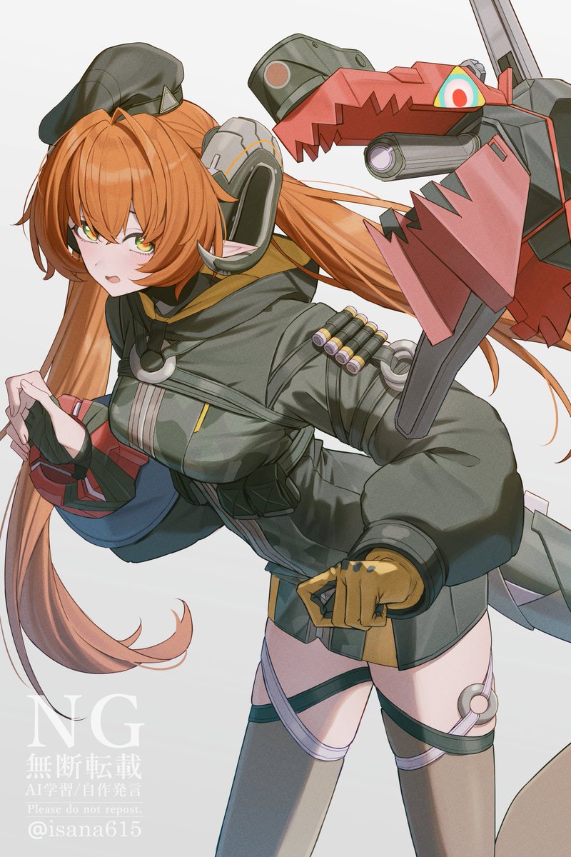 isana615, magus (zenless zone zero), orphie magnusson, zenless zone zero, commentary request, highres, 1girl, ammunition, asymmetrical gloves, black hat, black horns, black shrug, blush, brown thighhighs, cowboy shot, curled horns, dress, fingerless gloves, gloves, green eyes, grey background, gun, hat, horns, leaning forward, long hair, looking at viewer, mechanical horns, mechanical tail, mismatched gloves, open mouth, orange hair, orange pupils, pointy ears, shrug (clothing), single fingerless glove, tail, thighhighs, twintails, twitter username, weapon, yellow gloves, zipper dress