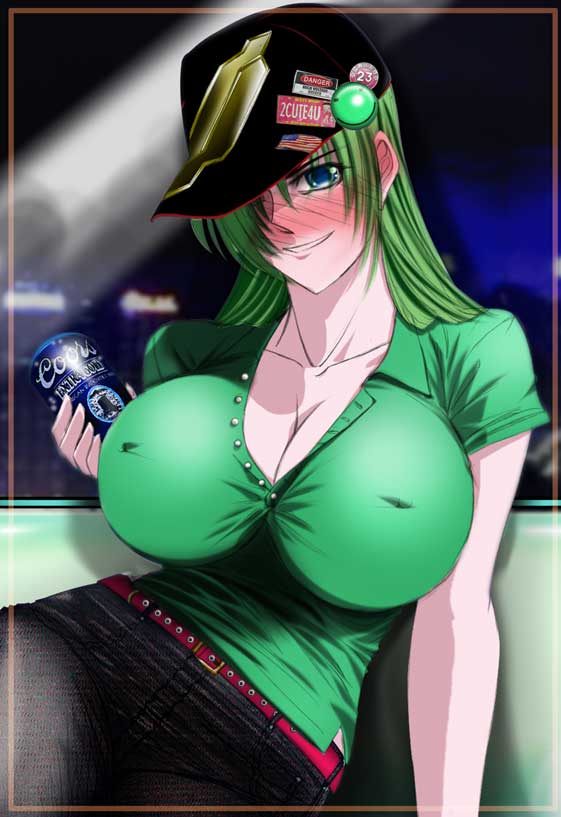 may greenfield, armored core, armored core: for answer, fromsoftware, blue eyes, blush, breasts, cleavage, drunk, green hair, hat, huge breasts, skin tight