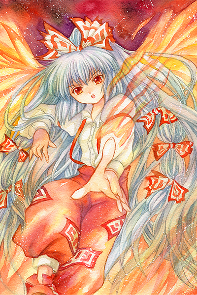 pemoko, fujiwara no mokou, touhou, silver hair, bad id, bad pixiv id, painting (medium), traditional media, watercolor (medium), 1girl, bow, dress shirt, female focus, fiery wings, fighting stance, fire, foreshortening, hair bow, hair ribbon, long hair, long sleeves, multiple hair bows, open mouth, orange eyes, pants, ribbon, shirt, shoes, solo, white shirt, wings