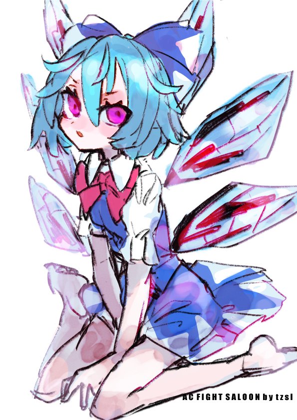 tsuru (nekopanchi), cirno, touhou, commentary, symbol-only commentary, 1girl, blue dress, blue hair, bow, bowtie, collared shirt, detached wings, dress, hair bow, ice, ice wings, looking at viewer, open mouth, pink eyes, red bow, red bowtie, shirt, short hair, short sleeves, signature, sitting, wariza, white background, wings