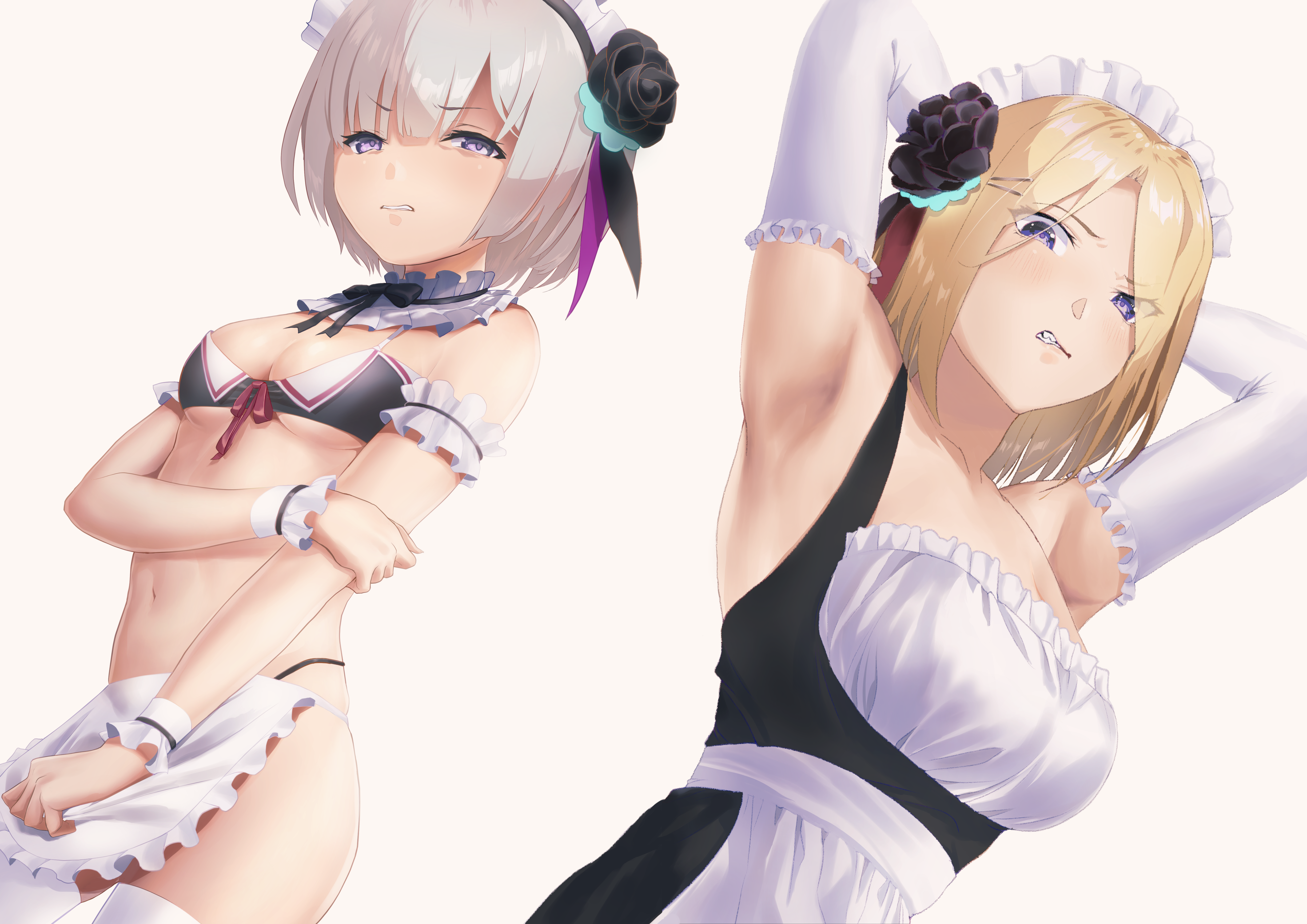 raimuminnt, minase ichigo, minase sumomo, heaven burns red, absurdres, commentary request, highres, 2girls, alternate costume, apron, arm under breasts, armpits, arms behind head, arms up, bare shoulders, bikini, black bikini, black bow, black bowtie, black dress, black flower, black hairband, black ribbon, black rose, blonde hair, blunt bangs, bow, bowtie, breasts, clenched teeth, collar, collarbone, cowboy shot, disgust, downturned eyes, dress, elbow gloves, enmaided, eyelashes, eyes visible through hair, flower, frilled apron, frilled collar, frilled gloves, frills, from below, frown, gloves, grey hair, hair flower, hair ornament, hair ribbon, hairband, hairclip, large breasts, looking at viewer, maid, maid headdress, medium hair, multiple girls, parallel hairclips, parted bangs, purple eyes, purple ribbon, ribbon, rose, short hair, siblings, simple background, sisters, sleeveless, sleeveless dress, small breasts, straight hair, swimsuit, teeth, thighhighs, underboob, v-shaped eyebrows, waist apron, white apron, white background, white gloves, white thighhighs, white wrist cuffs, wrist cuffs
