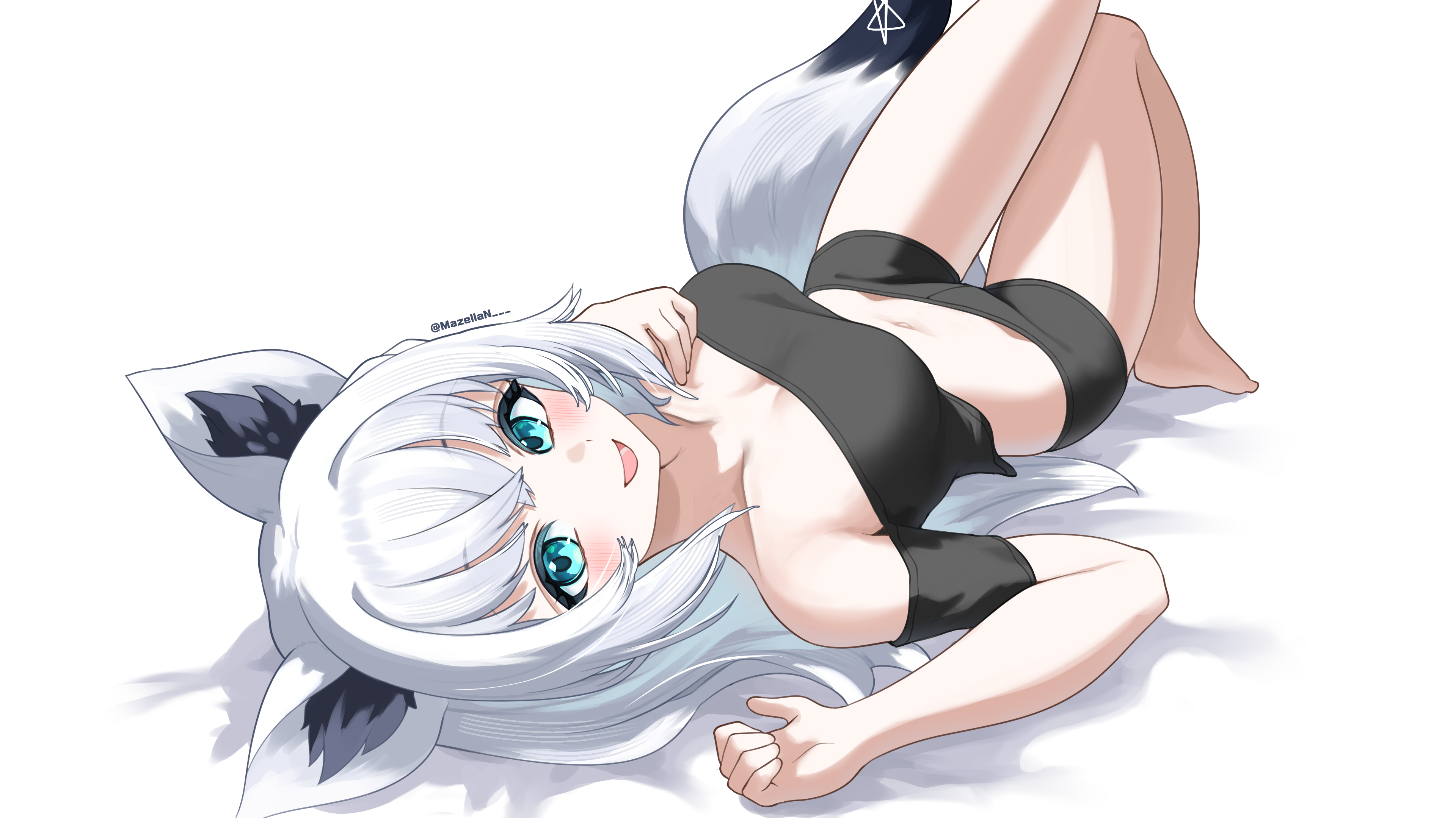 mazellan, shirakami fubuki, hololive, absurdres, commentary request, highres, 1girl, animal ears, aqua eyes, bare shoulders, black shirt, black shorts, blush, breasts, cleavage, collarbone, fox ears, fox girl, fox tail, hair between eyes, long hair, looking at viewer, looking up, lying, medium breasts, open mouth, pentagram, shirt, short shorts, shorts, simple background, smile, solo, tail, virtual youtuber, white background