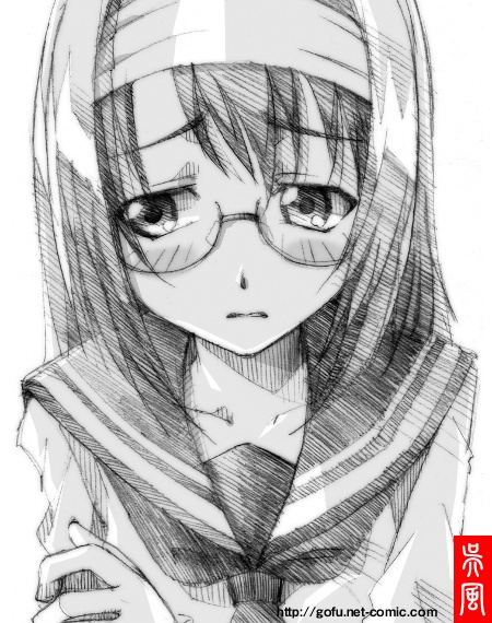 gofu, mishima akane, kampfer, traditional media, 00s, glasses, greyscale, monochrome, sketch, solo