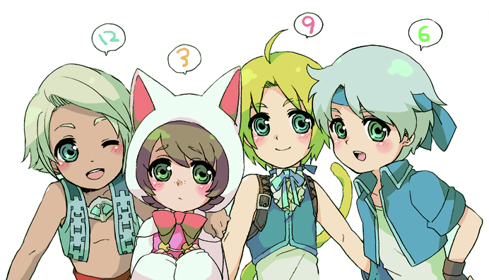 arc (ff3), devout, locke cole, vaan (ff12), zidane tribal, final fantasy, final fantasy iii, final fantasy vi, 1990s (style), animal costume, animal ears, bandana, blush, cat costume, child, fingerless gloves, gloves, male focus, one eye closed, retro artstyle, ribbon, smile, tail, wink