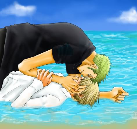 roronoa zoro, sanji (one piece), one piece, finger in mouth, lowres, 2boys, beach, blonde hair, finger sucking, green hair, male focus, multiple boys, outdoors, smile, smirk, water, yaoi