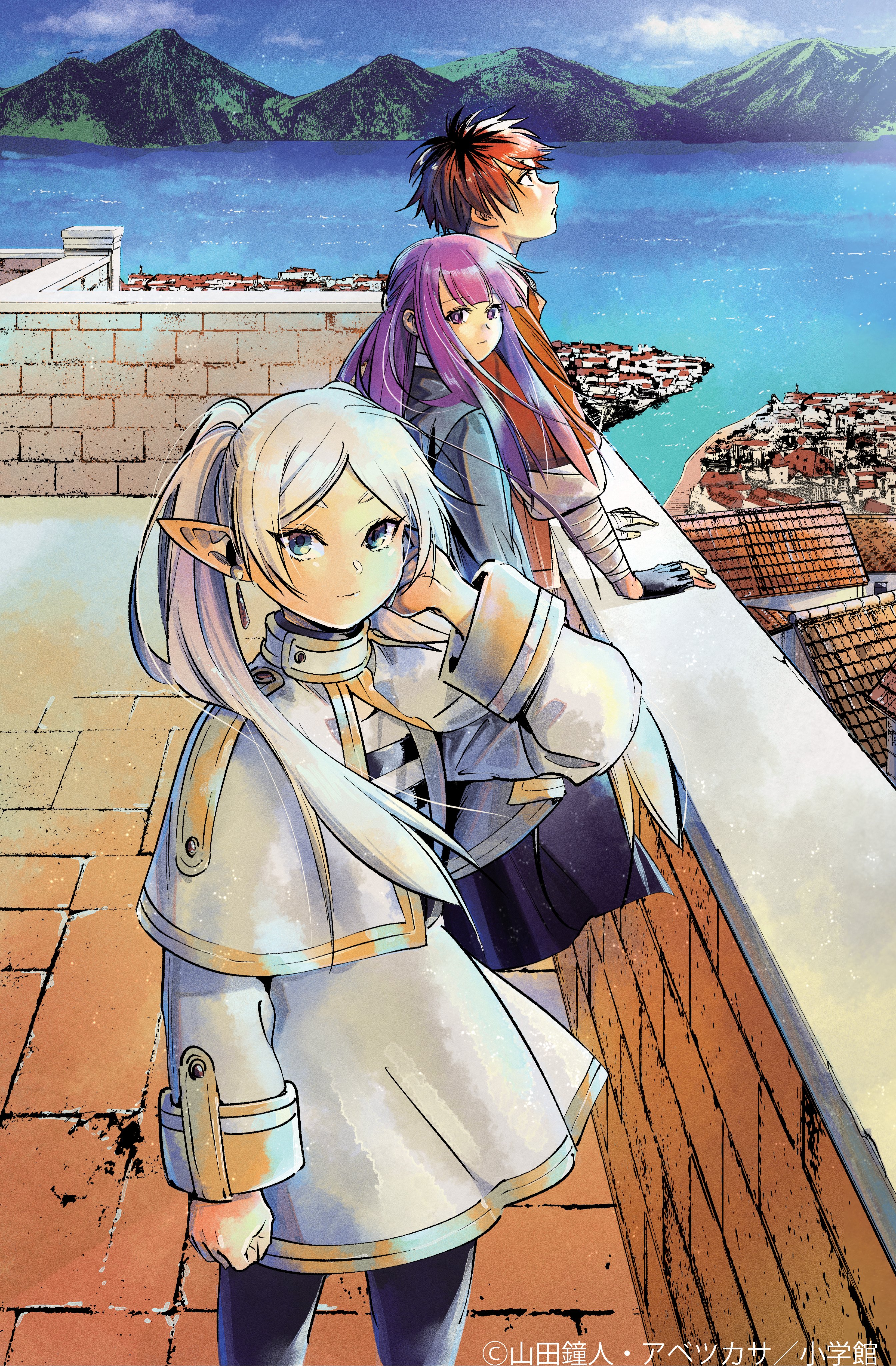 abe tsukasa, fern (sousou no frieren), frieren, stark (sousou no frieren), sousou no frieren, absurdres, highres, official art, 1boy, 2girls, adjusting hair, bandaged hand, bandaged wrist, bandages, black gloves, black hair, black jacket, black pantyhose, blue eyes, blue sky, brick, building, capelet, cloud, cloudy sky, dress, earrings, elf, fingerless gloves, gloves, gold trim, grey hair, jacket, jewelry, lake, leaning forward, ledge, long hair, long pointy ears, long sleeves, looking at viewer, mountain, mountainous horizon, multicolored hair, multiple girls, orange dress, orange hair, outdoors, pantyhose, pointy ears, purple eyes, short hair, skirt, sky, teardrop earrings, twintails, two-tone hair, village, water, white capelet, white jacket, white skirt