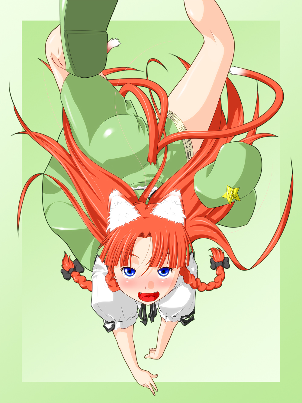 niwatazumi, hong meiling, touhou, bad id, bad pixiv id, highres, 1girl, animal ears, blue eyes, braid, fangs, female focus, hat, long hair, multiple tails, red hair, solo, tail, very long hair