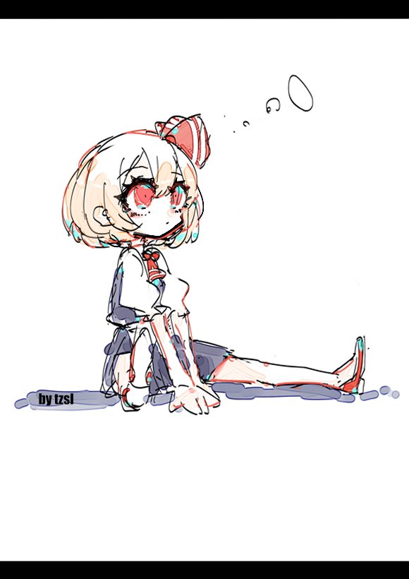 tsuru (nekopanchi), rumia, touhou, 1girl, ascot, black skirt, black vest, blonde hair, hair ribbon, looking up, puffy short sleeves, puffy sleeves, red ascot, red eyes, red shoes, ribbon, shoes, short hair, short sleeves, signature, sitting, skirt, skirt set, vest, white background