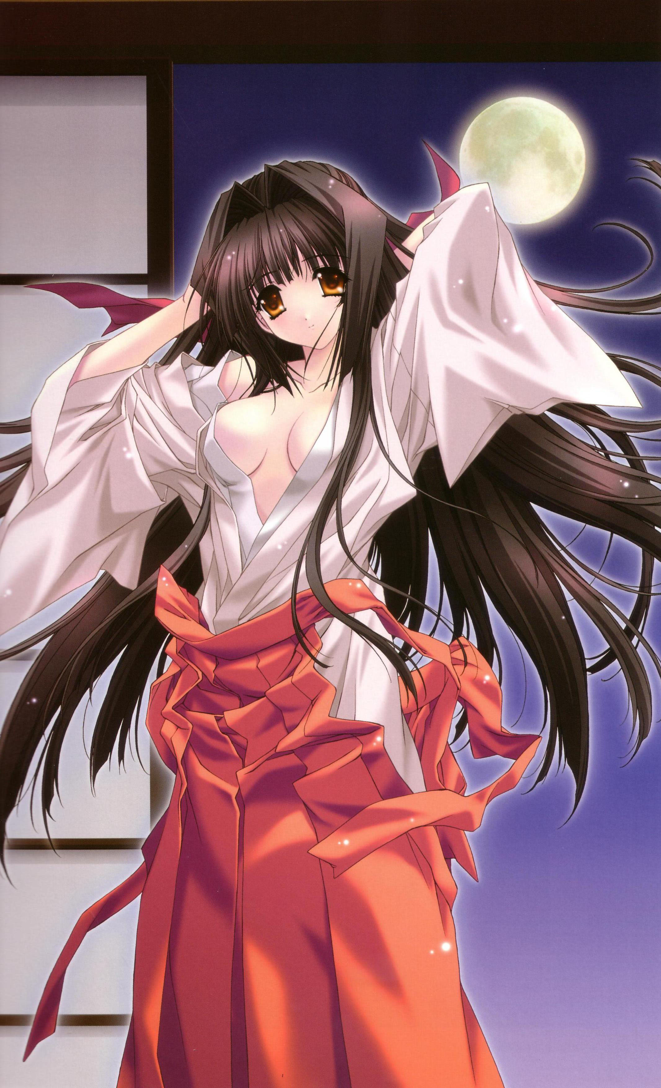 kimizuka aoi, usa mizuki, lost passage, absurdres, highres, scan, 1girl, black hair, breasts, female focus, hakama, hakama skirt, indoors, japanese clothes, large breasts, long hair, miko, moon, night, no bra, open clothes, open shirt, orange eyes, outdoors, red hakama, ribbon, shirt, skirt, sky, solo, undressing, very long hair