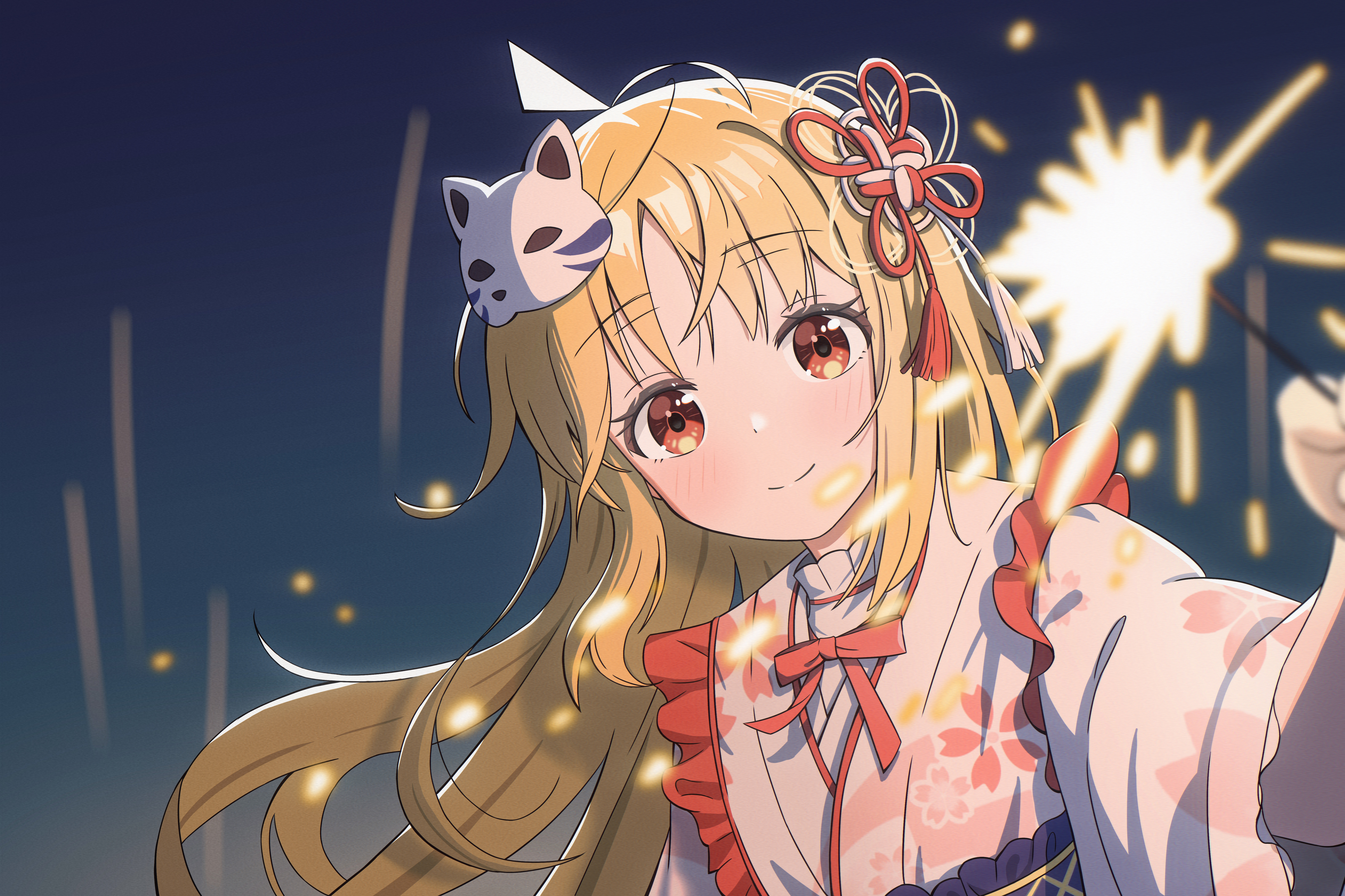 yuyuu, ijichi nijika, bocchi the rock!, absurdres, chinese commentary, commentary request, highres, 1girl, ahoge, blonde hair, blush, chinese knot, fox mask, frills, holding, holding fireworks, japanese clothes, kimono, long hair, looking at viewer, mask, mask on head, night, red eyes, sky, smile, solo, split mouth