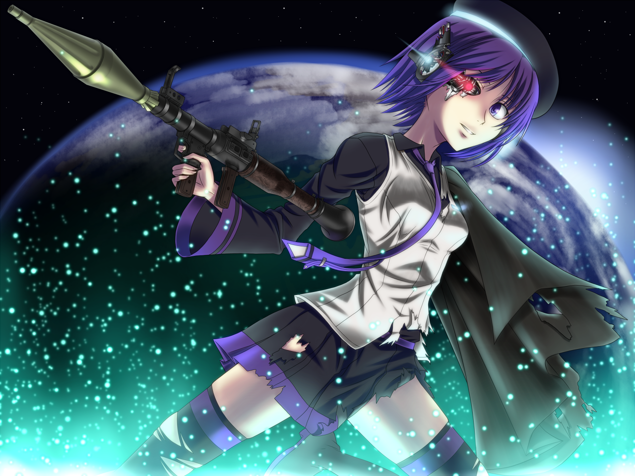 sukua, tk28, utane uta, utau, vocaloid, 1girl, android, beret, female focus, glowing, glowing eye, glowing eyes, hat, heterochromia, high-explosive anti-tank (warhead), man-portable anti-tank systems, necktie, planet, purple eyes, purple hair, rocket-propelled grenade, rocket (projectile), rocket launcher, rpg, rpg-7, rpg (weapon), short hair, skirt, smile, solo, space, thighhighs, torn clothes, weapon, zettai ryouiki