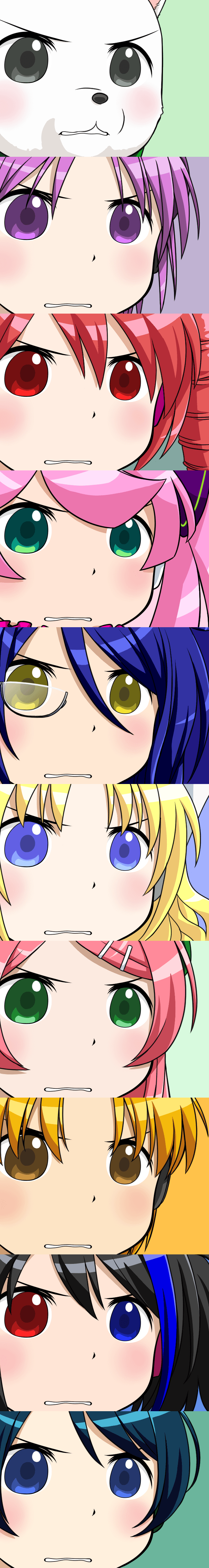 mukki, amane luna, haruka nana, inuhebi, kasane teto, kasane teto (utau), momone momo, nagone mako, soune taya, suiga sora, utane uta, yokune ruko, utau, vocaloid, absurdres, highres, long image, tall image, 2boys, 6+girls, black hair, blonde hair, blue eyes, blue hair, green eyes, gununu (meme), heterochromia, meme, multiple boys, multiple girls, parody, pink hair, purple hair, red eyes, red hair, yellow eyes