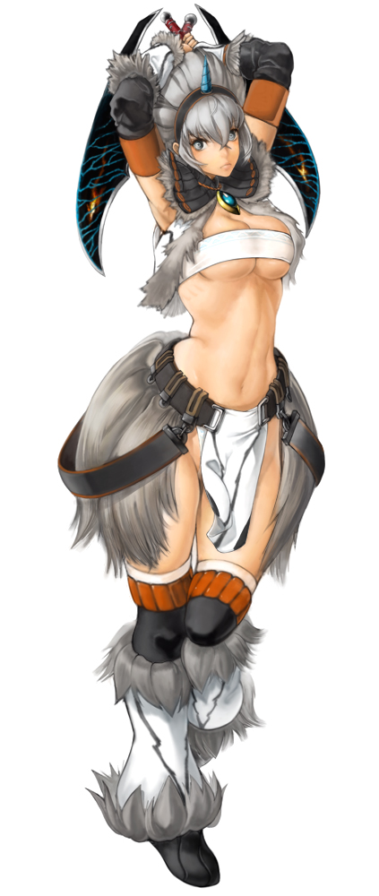 kazakami yuu, capcom, monster hunter (series), bad id, bad pixiv id, 1girl, armor, blue eyes, breasts, cleavage, elbow gloves, female focus, gloves, hairband, horns, kirin (armor), large breasts, loincloth, midriff, navel, panties, single horn, solo, sword, thigh gap, thighhighs, thighs, underboob, underwear, weapon, white hair