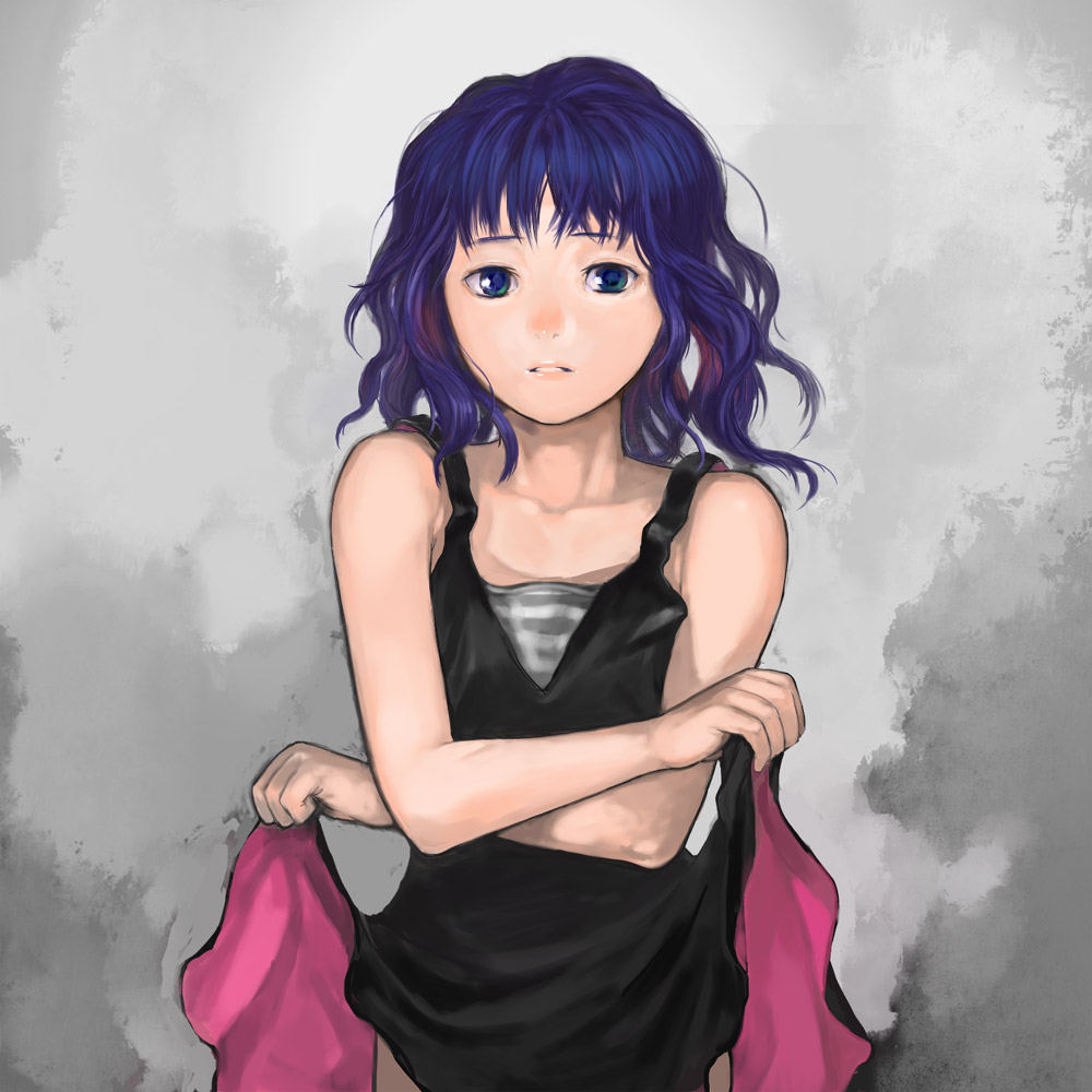 minamine kei, dawn (pokemon), nintendo, pokemon, bad id, bad pixiv id, 1girl, blue eyes, clothes lift, cowboy shot, dress, dress lift, female focus, grey background, lifting own clothes, messy hair, purple hair, skirt, skirt lift, solo, two-sided fabric, two-sided skirt, wavy hair
