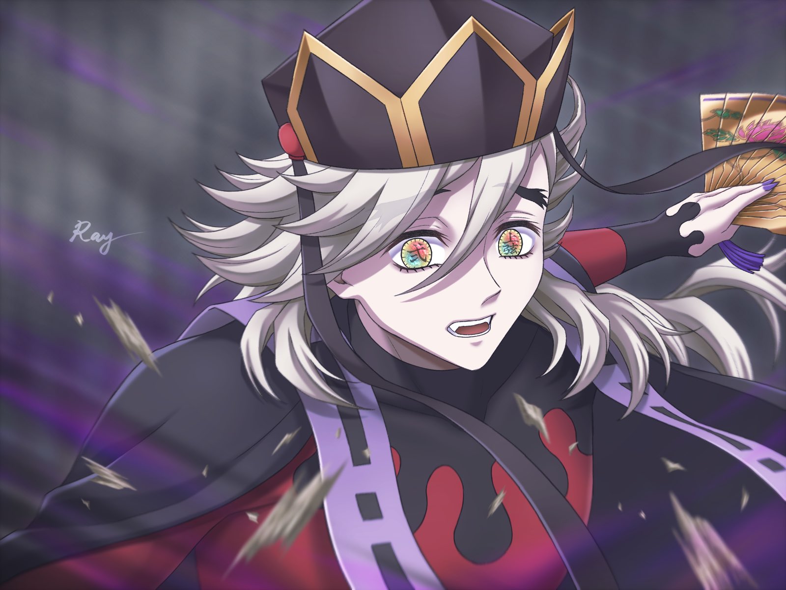 douma (kimetsu no yaiba), kimetsu no yaiba, commentary request, highres, 1boy, blonde hair, fangs, fingernails, hair between eyes, hand fan, hat, holding, holding fan, japanese clothes, long hair, long sleeves, looking at viewer, male focus, multicolored eyes, open mouth, rainbow eyes, ray ix25, sharp fingernails, smile, solo, text in eyes