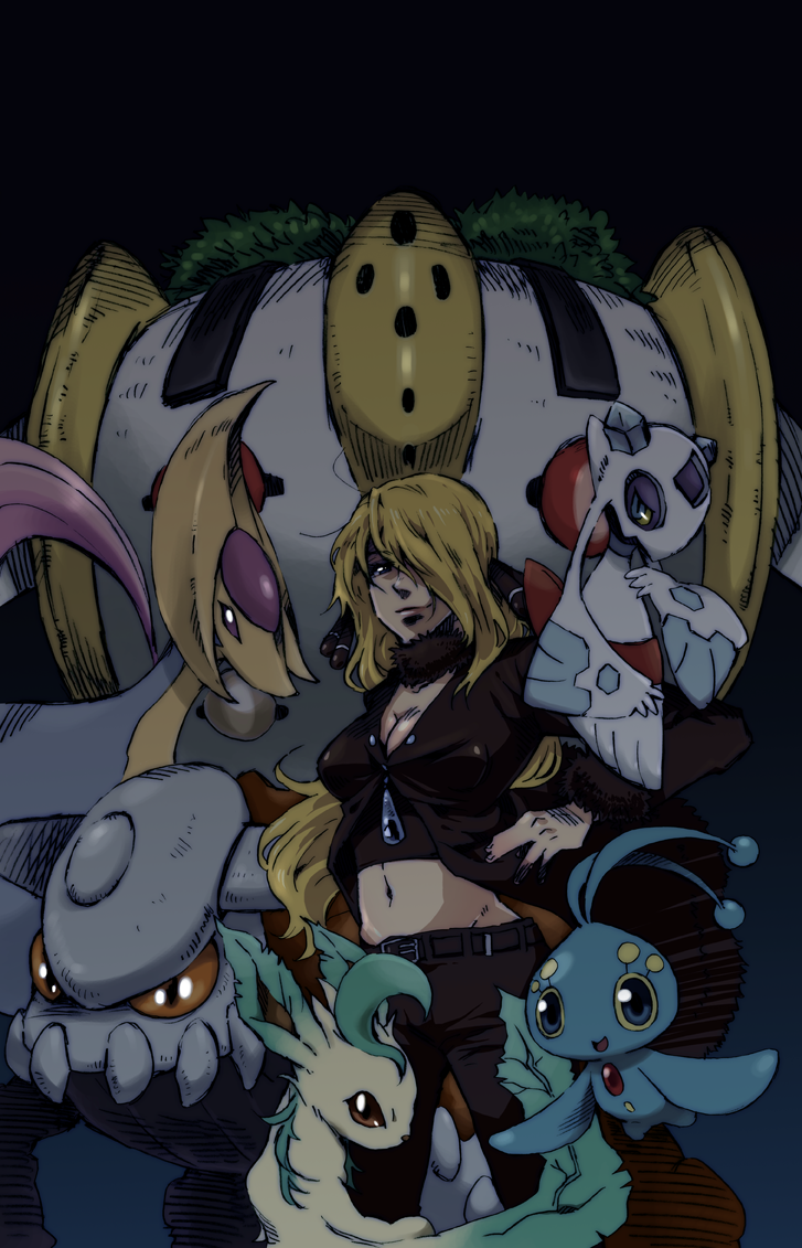 takanashi ringo, cresselia, cynthia (pokemon), froslass, heatran, leafeon, manaphy, regigigas, nintendo, pokemon, pokemon dppt, 00s, 1girl, blonde hair, breasts, cleavage, collarbone, gen 4 pokemon, hair over one eye, legendary pokemon, long hair, long sleeves, looking at viewer, medium breasts, midriff, mythical pokemon, navel, pokemon (creature), red eyes, stomach, very long hair