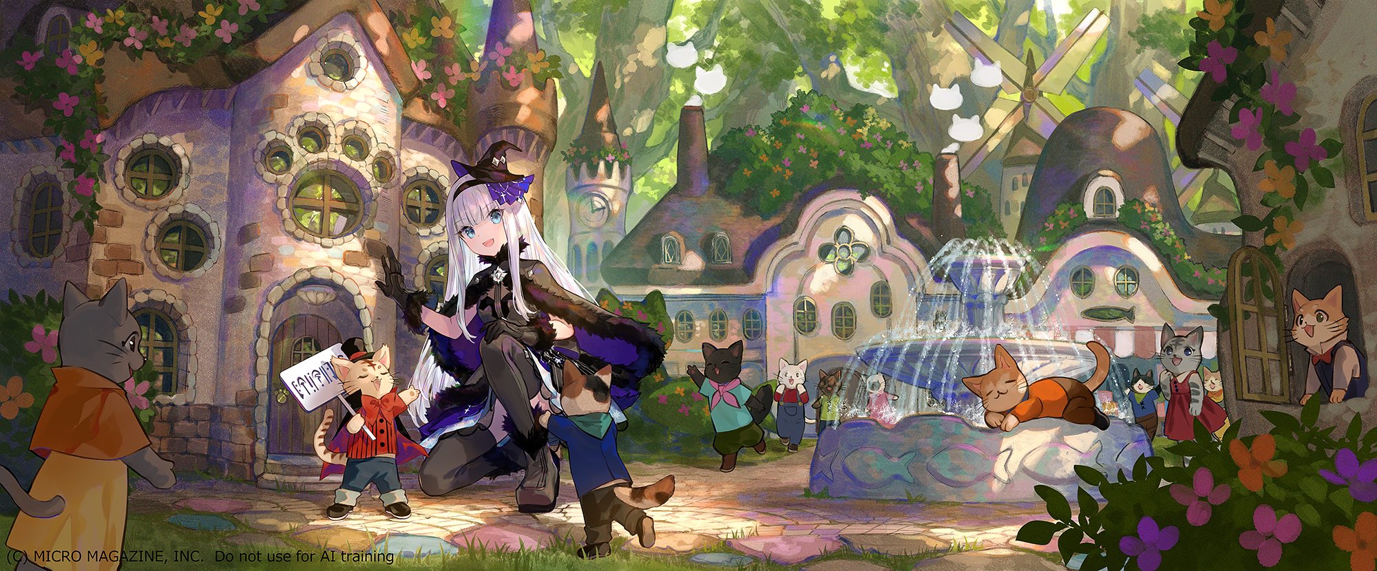 fuzichoco, mira (kendeshi), kenja no deshi wo nanoru kenja, commentary request, highres, novel illustration, official art, 1girl, blue eyes, boots, cat, convenient censoring, cover, cover page, flower, fountain, fur-trimmed boots, fur-trimmed gloves, fur-trimmed poncho, fur trim, gloves, hat, house, lolita fashion, long hair, novel cover, open mouth, outdoors, poncho, sign, smile, solo, thighhighs, top hat, tree, village, white hair, windmill