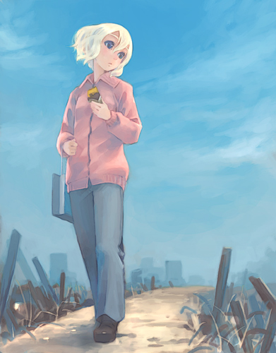 weno, weno's blonde original character, original, lowres, 1girl, bag, blonde hair, blue eyes, day, female focus, full body, outdoors, short hair, sky, solo, sweater