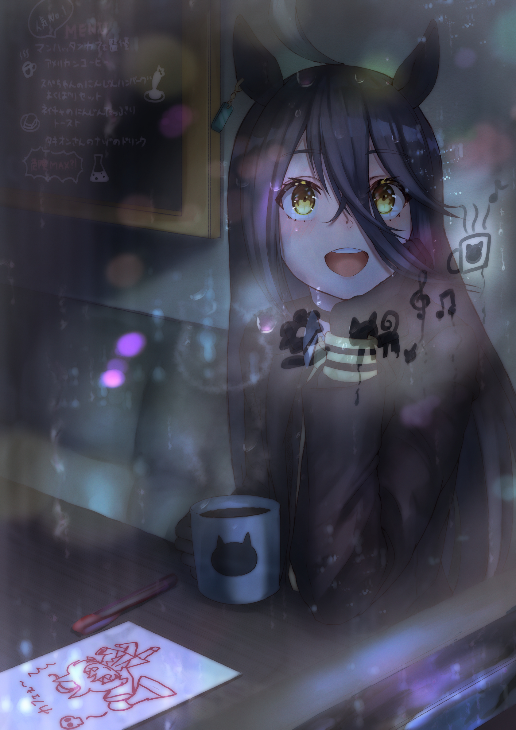 yami anko, manhattan cafe (creeping shadow) (umamusume), manhattan cafe (umamusume), umamusume, commentary request, highres, 1girl, ahoge, animal ears, black gloves, black hair, booth seating, cafe, coat, coffee, coffee mug, condensation, cup, drawing (object), ear tag, earrings, from outside, glass writing, gloves, hair between eyes, hand on own chin, head rest, holding, holding cup, horse ears, horse girl, jewelry, long bangs, long hair, long hair between eyes, long sleeves, looking outside, menu board, mug, multicolored hair, open mouth, paper, pen, rain, reflection, shirt, single earring, sitting, smile, solo, table, window, window fog, yellow eyes