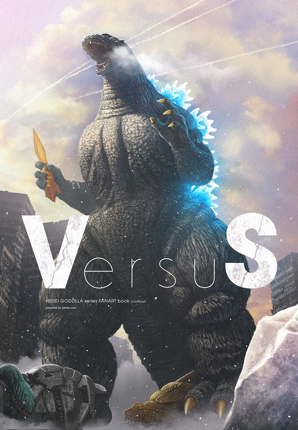 suttoko, biollante, godzilla, king ghidorah, mechagodzilla, godzilla (series), commentary request, highres, claws, cloud, cloudy sky, contrail, dust cloud, english text, glowing spines, holding missile, kaiju, no humans, open mouth, orange eyes, sky, wreckage