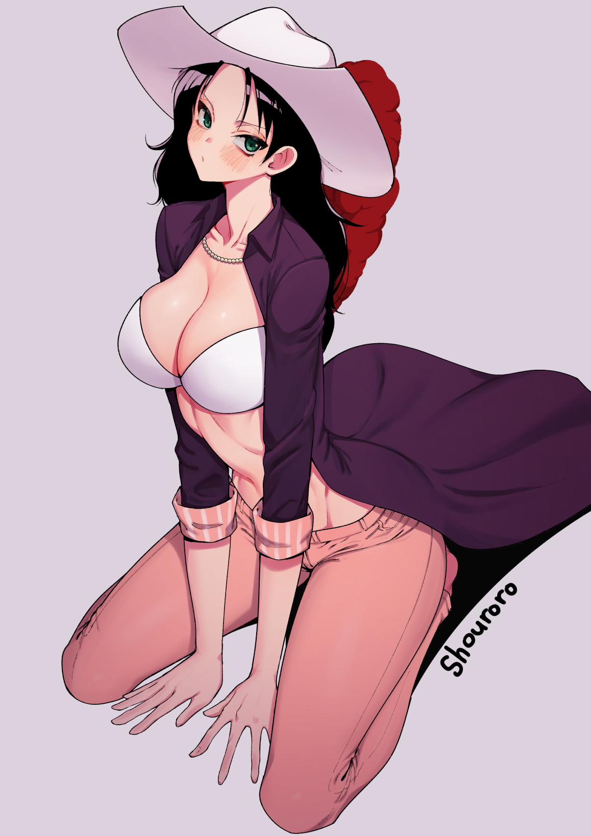 shouroro, alvida (one piece), one piece, highres, non-web source, 1girl, bikini, bikini top only, black hair, blush, breasts, cleavage, green eyes, large breasts, looking at viewer, pants, pink pants, solo, swimsuit, white bikini