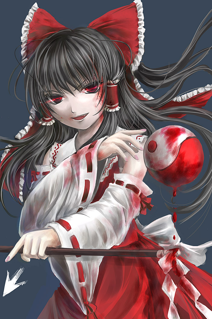 yuki shuuka, hakurei reimu, touhou, bad id, bad pixiv id, 1girl, black hair, blood, bow, detached sleeves, fang, female focus, japanese clothes, miko, red eyes, short hair, skirt, solo, yin yang