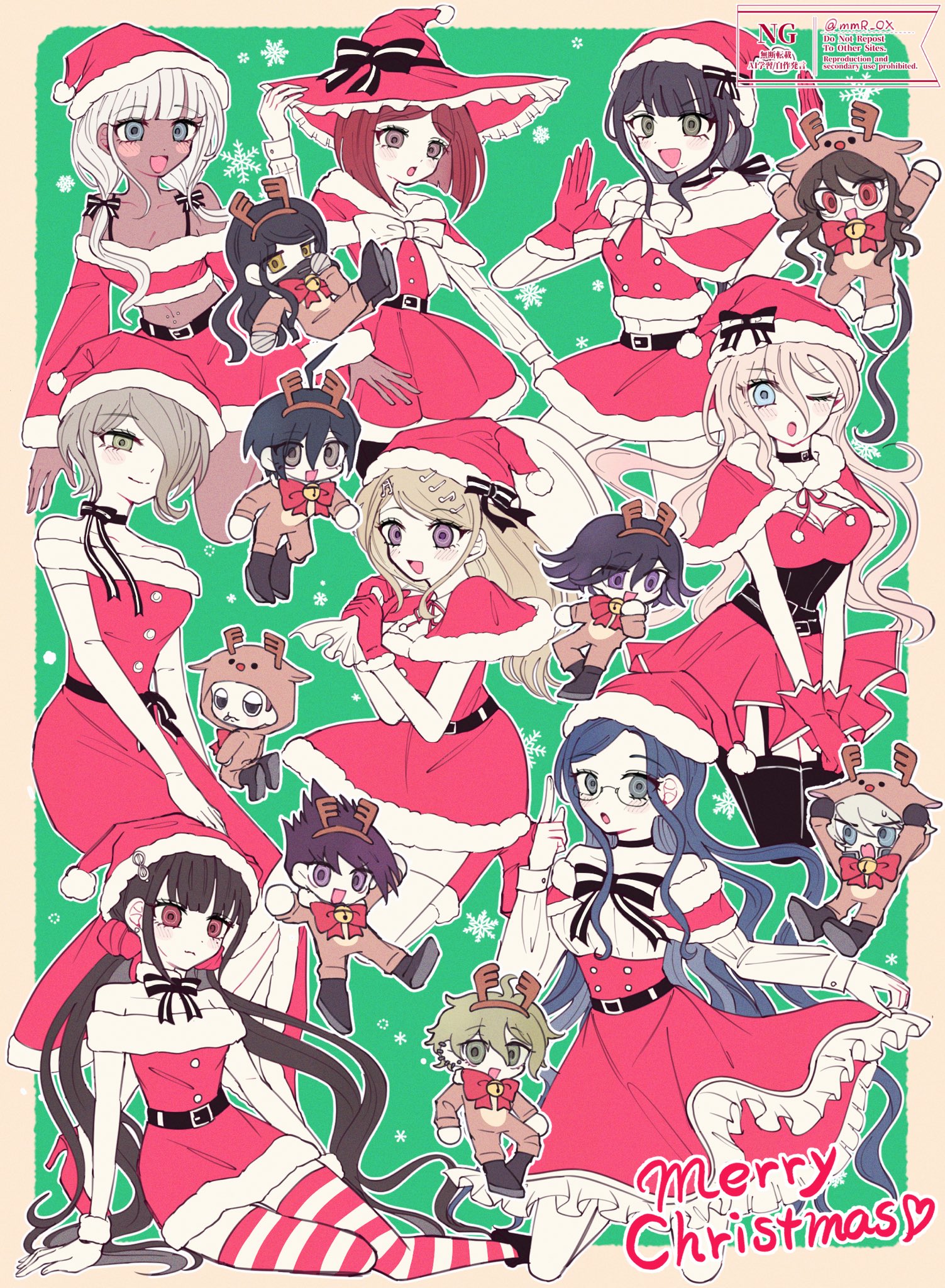 mmr 0x, akamatsu kaede, amami rantaro, chabashira tenko, gokuhara gonta, harukawa maki, hoshi ryoma, iruma miu, k1-b0, momota kaito, oma kokichi, saihara shuichi, shinguji korekiyo, shirogane tsumugi, tojo kirumi, yonaga angie, yumeno himiko, danganronpa (series), danganronpa v3: killing harmony, commentary request, highres, 6+boys, 6+girls, :d, animal costume, animal hood, antlers, bare shoulders, black hair, blonde hair, blue hair, blush, boots, bow, bowtie, breasts, capelet, chibi, christmas, dress, fake antlers, fur-trimmed boots, fur-trimmed capelet, fur-trimmed dress, fur-trimmed gloves, fur-trimmed headwear, fur trim, gloves, green hair, hair ornament, hair scrunchie, hat, hood, horns, large breasts, long hair, looking at viewer, merry christmas, multiple boys, multiple girls, open mouth, red bow, red bowtie, red capelet, red dress, red gloves, red hair, red hat, red scrunchie, red thighhighs, reindeer antlers, reindeer costume, reindeer hood, santa costume, santa dress, santa hat, scrunchie, short hair, short sleeves, smile, spiked hair, striped clothes, striped thighhighs, thighhighs, twintails, white bow, white bowtie, white hair, white thighhighs