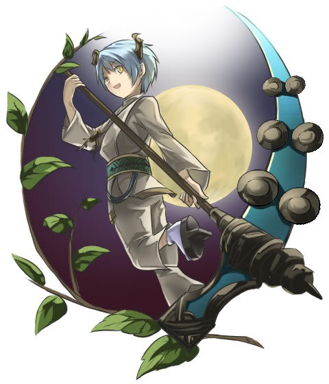 zelkova, zelkova (.hack//), .hack//, .hack//g.u., bandai, cyber connect 2, silver hair, 00s, 1boy, blue hair, horns, leaf, looking back, male focus, moon, sandals, scythe, socks, solo, yellow eyes