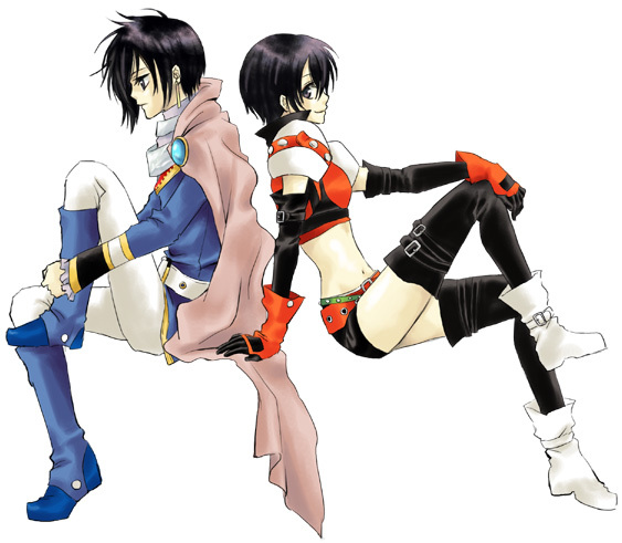leon magnus, rutee katrea, tales of (series), tales of destiny, 1boy, 1girl, arm support, back-to-back, belt, black eyes, black hair, boots, cape, earrings, elbow gloves, gloves, jewelry, long sleeves, midriff, short hair, short shorts, shorts, simple background, sitting, thighhighs, white background