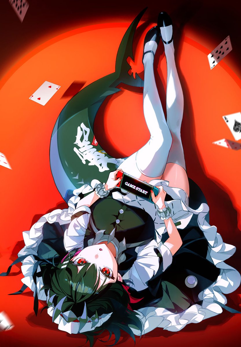 zuco, ellen joe, zenless zone zero, commentary request, highres, 1girl, adapted costume, black dress, black hair, black shoes, breasts, card, colored inner hair, dress, fins, fish tail, frilled wristband, full body, hairband, handheld game console, holding, holding handheld game console, large breasts, looking at viewer, lying, maid headdress, metal hairband, mole, mole under eye, multicolored hair, nintendo switch, on back, razor blade hair ornament, red background, red eyes, red nails, scar, scar on tail, shark girl, shark tail, shoes, short hair, solo, spiked headband, tail, thighhighs, upside-down, white thighhighs