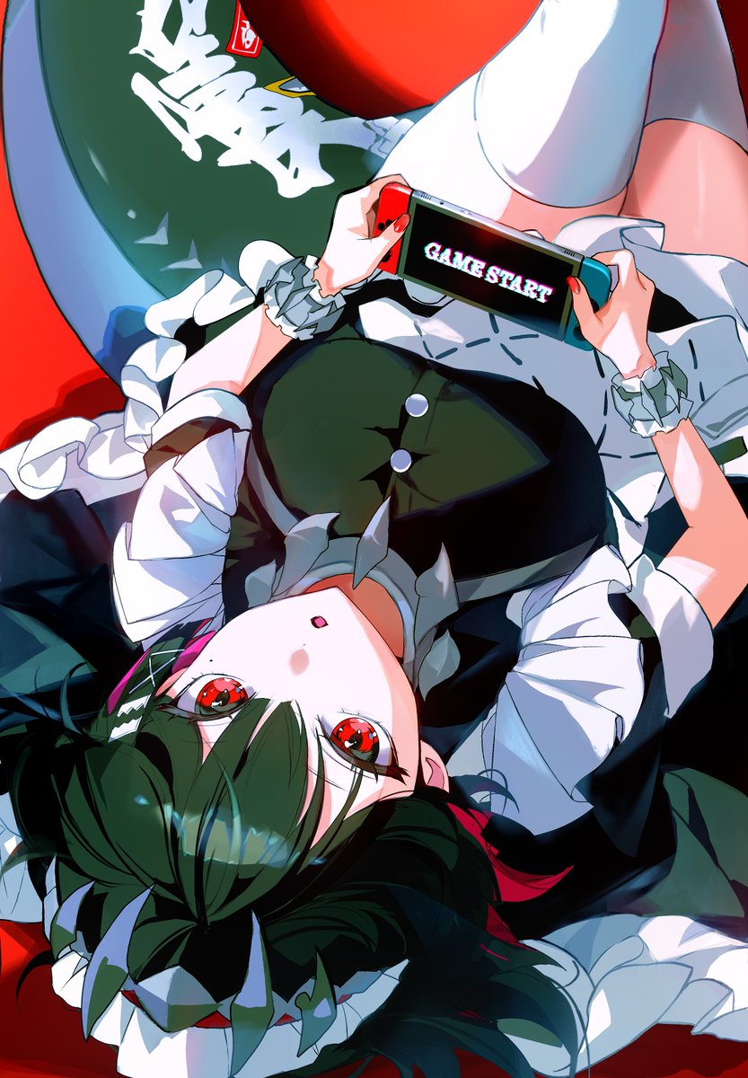 zuco, ellen joe, zenless zone zero, commentary request, highres, 1girl, adapted costume, black dress, black hair, black shoes, breasts, colored inner hair, cowboy shot, dress, fins, fish tail, frilled wristband, hairband, handheld game console, holding, holding handheld game console, large breasts, looking at viewer, lying, maid headdress, metal hairband, mole, mole under eye, multicolored hair, nintendo switch, on back, razor blade hair ornament, red background, red eyes, red nails, scar, scar on tail, shark girl, shark tail, shoes, short hair, solo, spiked headband, tail, thighhighs, upside-down, white thighhighs