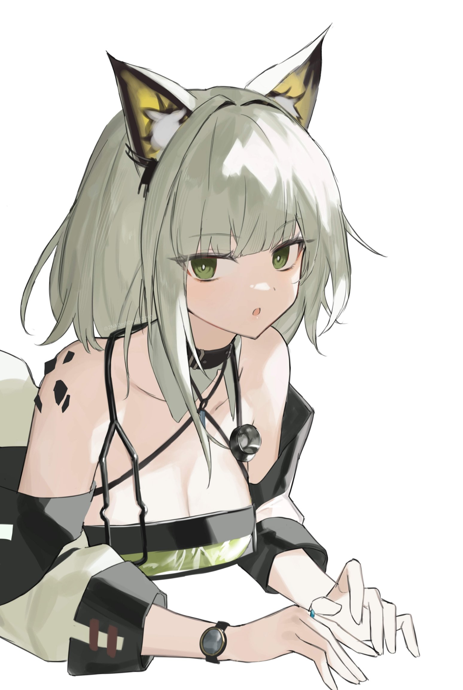 2naom8q6gt87292, kal'tsit (arknights), arknights, commentary request, highres, 1girl, :o, animal ears, breasts, bright pupils, cleavage, green eyes, grey hair, halterneck, jewelry, material growth, medium breasts, medium hair, off shoulder, oripathy lesion (arknights), parted lips, ring, solo, stethoscope, stethoscope around neck, upper body, watch, white pupils, wristwatch