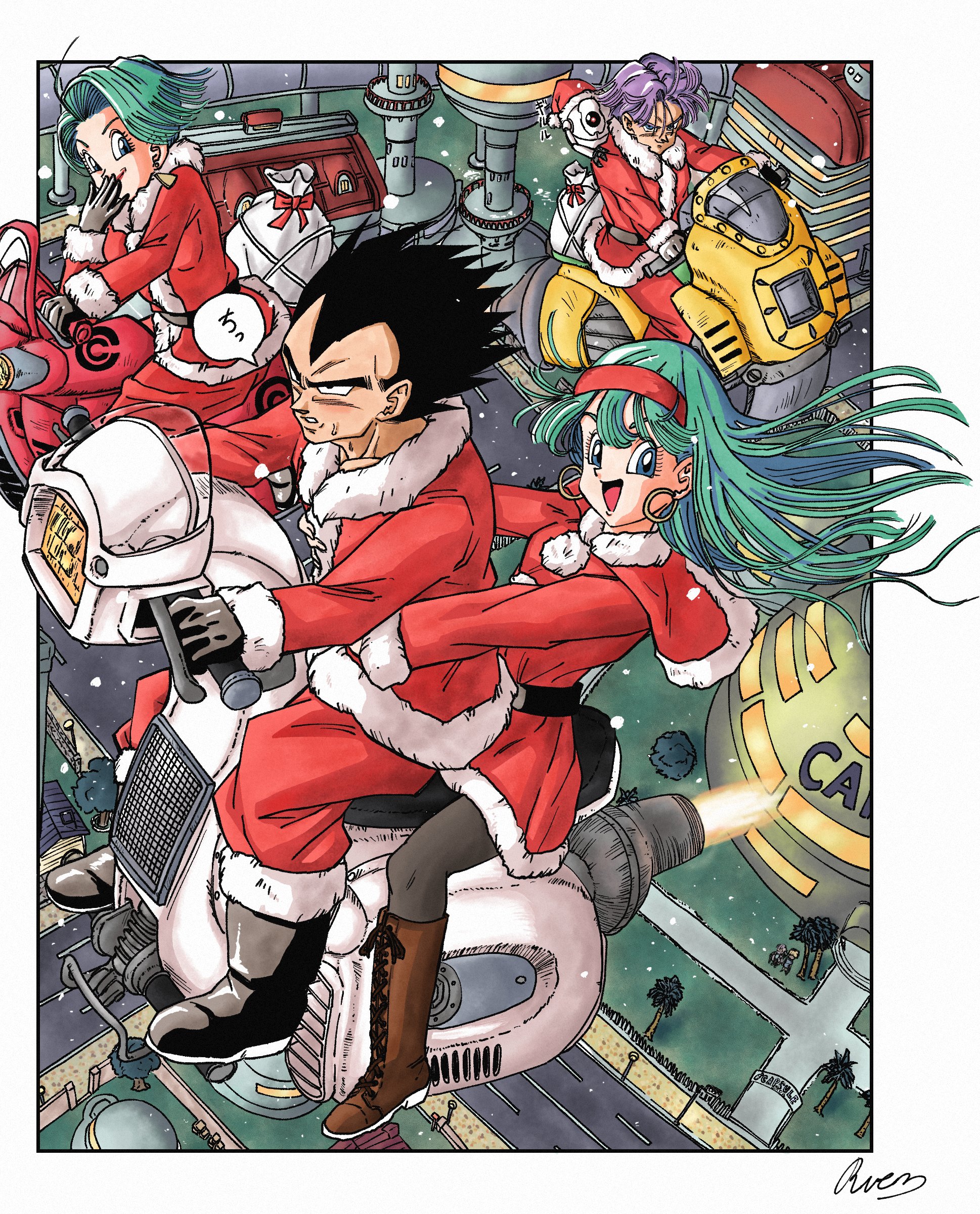 bra (dragon ball), bulma, giru (dragon ball), trunks (dragon ball), vegeta, dragon ball, dragon ball gt, absurdres, highres, 2boys, 2girls, black boots, black hair, black pantyhose, blue hair, boots, brown boots, christmas, dress, family, hairband, long hair, multiple boys, multiple girls, pants, pantyhose, purple hair, red dress, red hairband, red pants, riding, ruemr03190 0, santa costume, santa dress, short hair