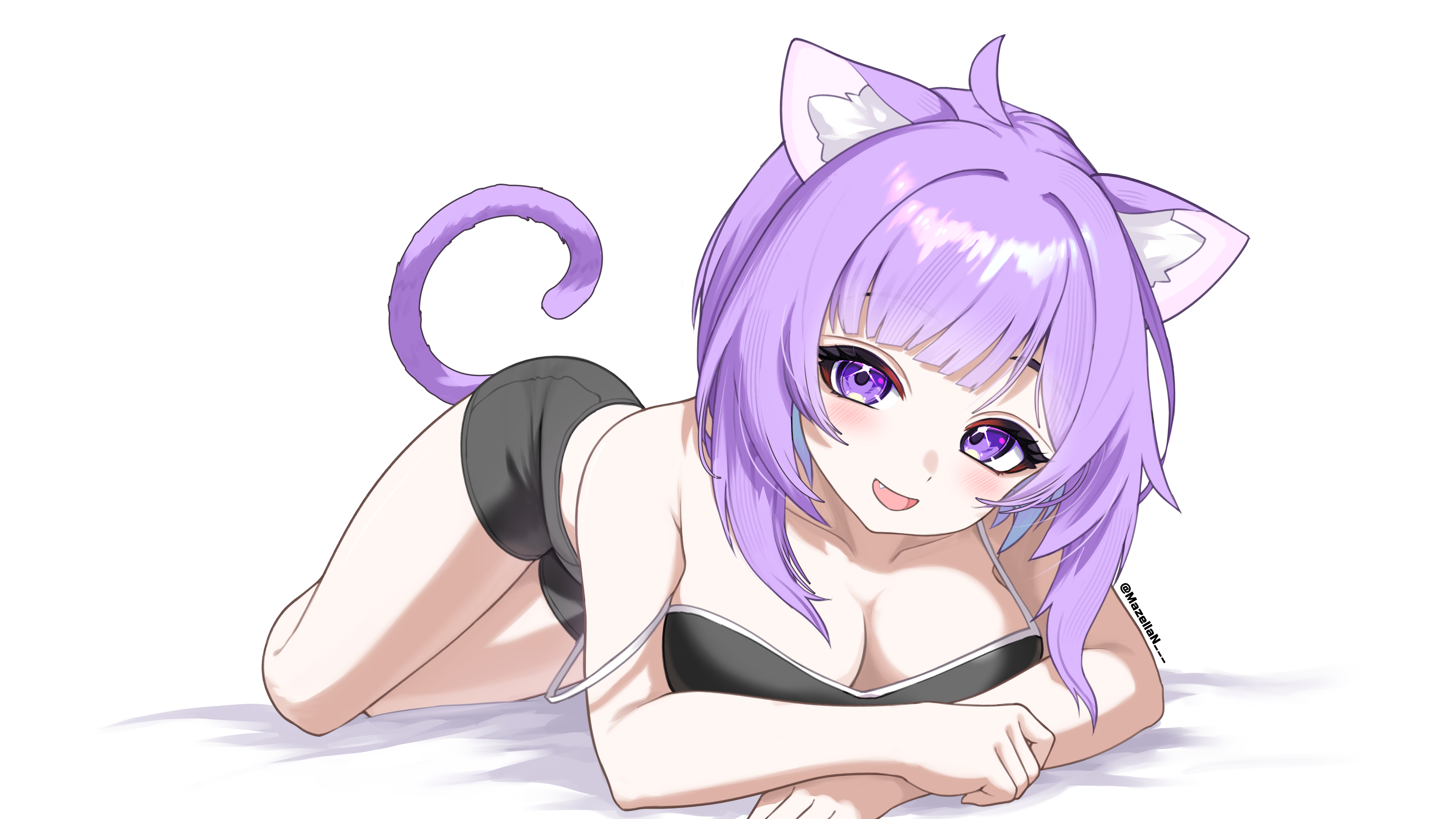 mazellan, nekomata okayu, hololive, absurdres, commentary request, highres, 1girl, ahoge, animal ear fluff, animal ears, bare shoulders, black bra, blush, bra, breasts, cat ears, cat girl, cat tail, cleavage, collarbone, large breasts, looking at viewer, lying, medium hair, open mouth, purple eyes, purple hair, smile, solo, tail, underwear, virtual youtuber