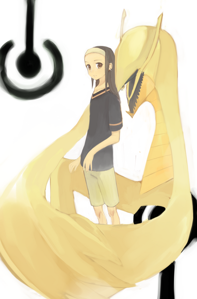 koga norio, vagina dentata (character), narutaru, bandana, brown eyes, brown hair, creature, earrings, hairband, jewelry, long hair, trap