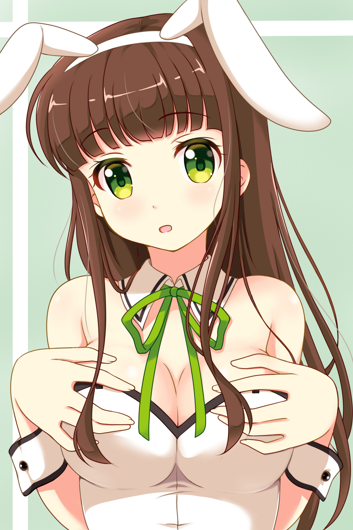 chobi (5760403), ujimatsu chiya, gochuumon wa usagi desu ka?, commentary request, highres, 1girl, animal ears, blush, breasts, brown hair, green eyes, leotard, long hair, official alternate costume, open mouth, playboy bunny, rabbit ears, white leotard, wrist cuffs