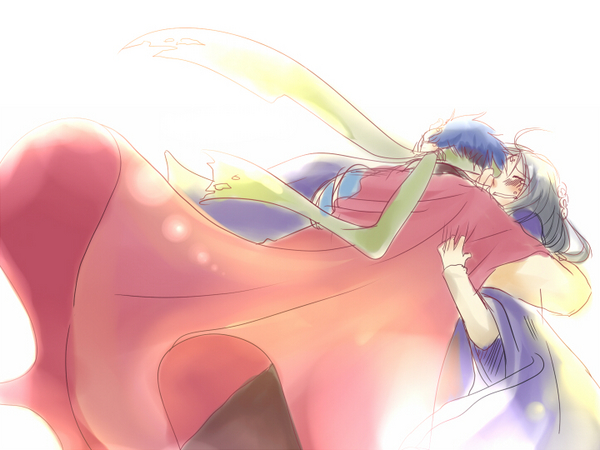 ike (fire emblem), soren (fire emblem), fire emblem, nintendo, blue hair, cape, hug, long hair, short hair, smile, tears