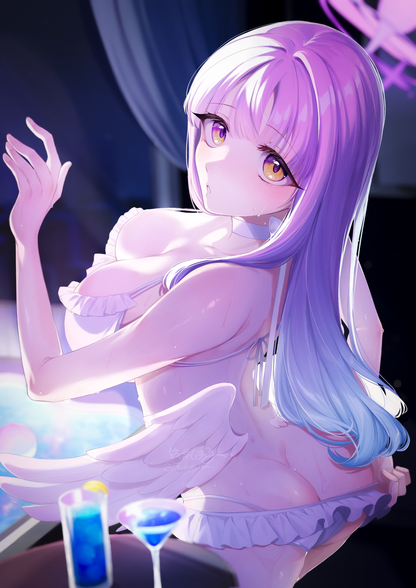 tsukushi haru, mika (blue archive), mika (swimsuit) (blue archive), blue archive, comiket 107, commentary request, highres, 1girl, angel wings, arm up, ass, back, bikini, blush, breasts, butt crack, choker, crescent, cup, drinking glass, feathered wings, glass, halo, halterneck, long hair, looking at viewer, looking back, low wings, medium breasts, night, official alternate costume, official alternate hairstyle, parted lips, pink hair, pink halo, shooting star, sideboob, sky, solo, star (sky), starry sky, string bikini, swimsuit, very long hair, white bikini, white choker, white wings, wine glass, wing ornament, wings