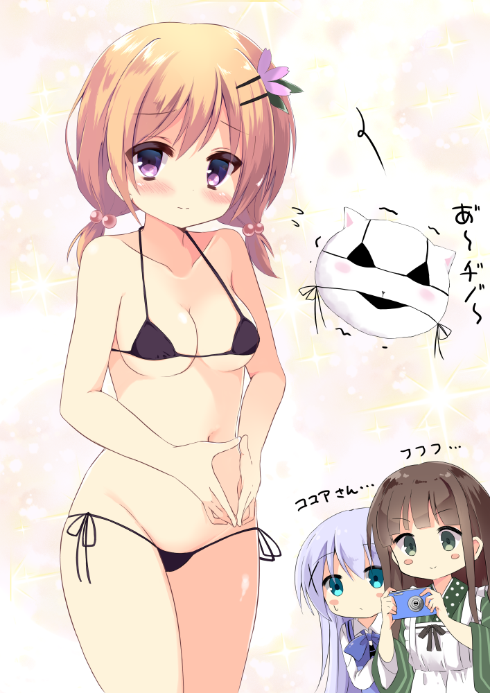 kujou danbo, hoto cocoa, kafuu chino, tippy (gochiusa), ujimatsu chiya, gochuumon wa usagi desu ka?, commentary request, 3girls, angora rabbit, bikini, black bikini, blue eyes, blue hair, blush, brown hair, green eyes, micro bikini, multiple girls, purple eyes, rabbit, swimsuit