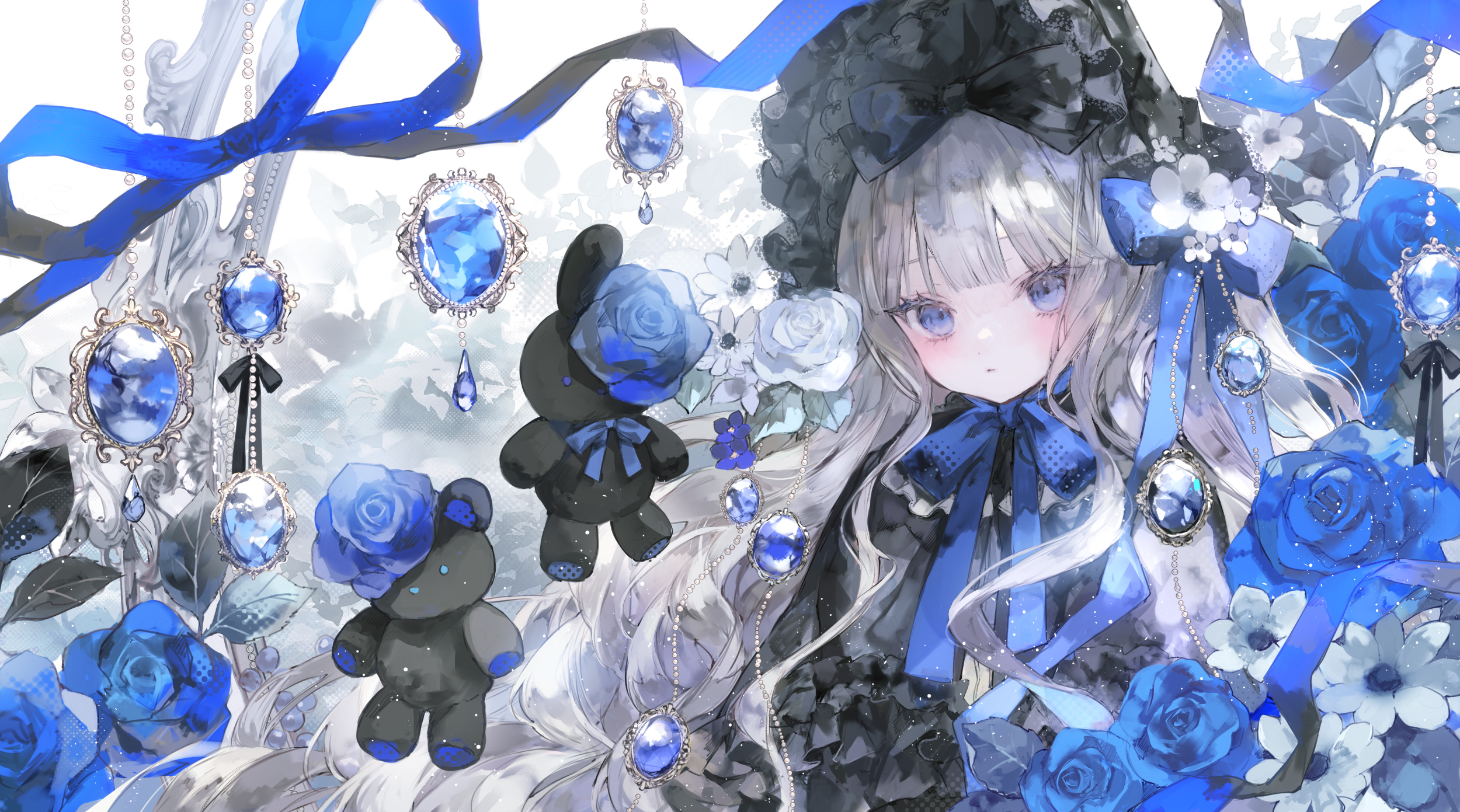 onineko, original, commentary, highres, symbol-only commentary, 1girl, black dress, blue eyes, blue flower, blue ribbon, blue rose, blush, brooch, dress, expressionless, flower, grey hair, jewelry, lolita fashion, long hair, looking at viewer, ribbon, rose, solo, stuffed animal, stuffed rabbit, stuffed toy, teddy bear, upper body, very long hair, wavy hair, white flower
